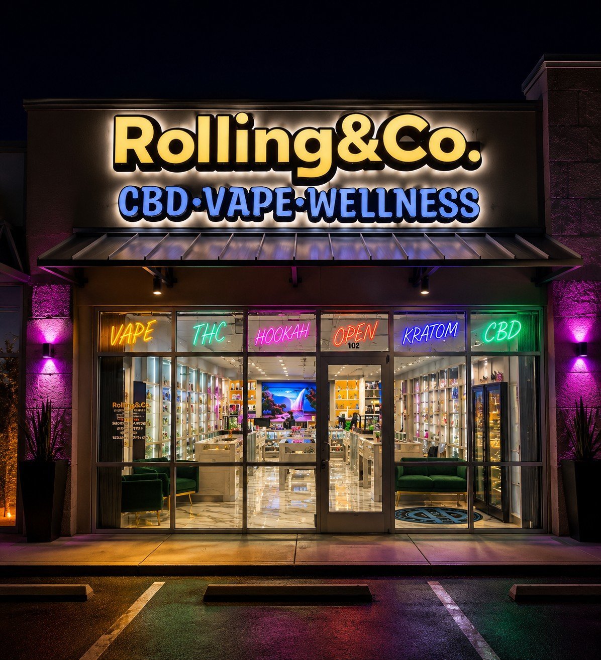 Rolling & Co. at night — the iconic storefront